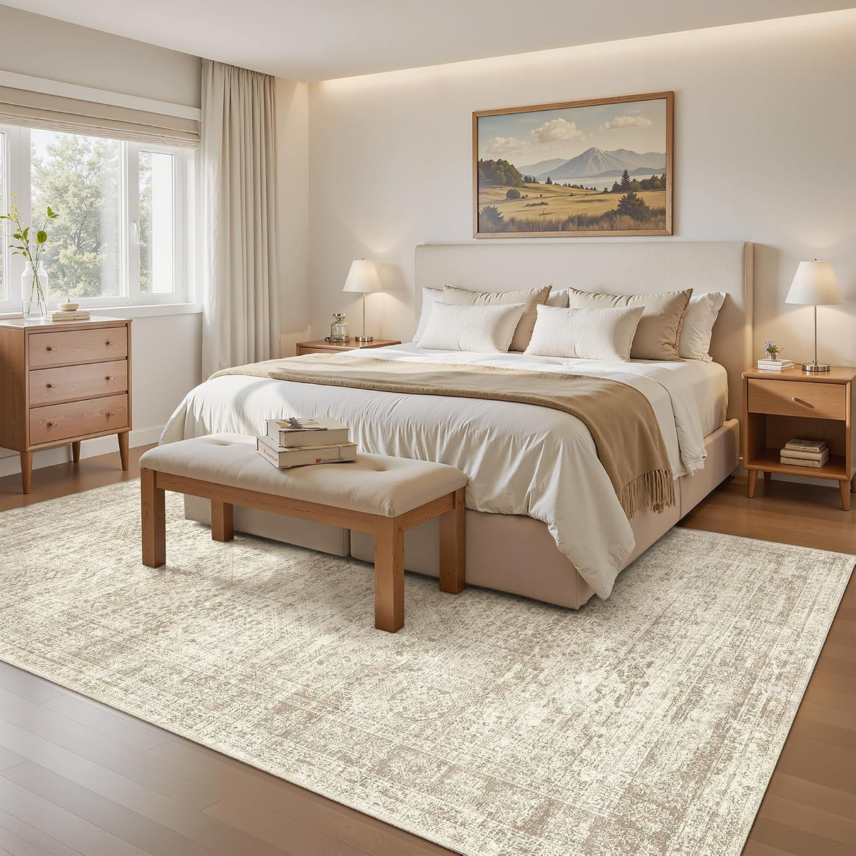 Soalmost 5x7 Area Rugs Beige Low Pile Washable Trendy Faded Style Rug