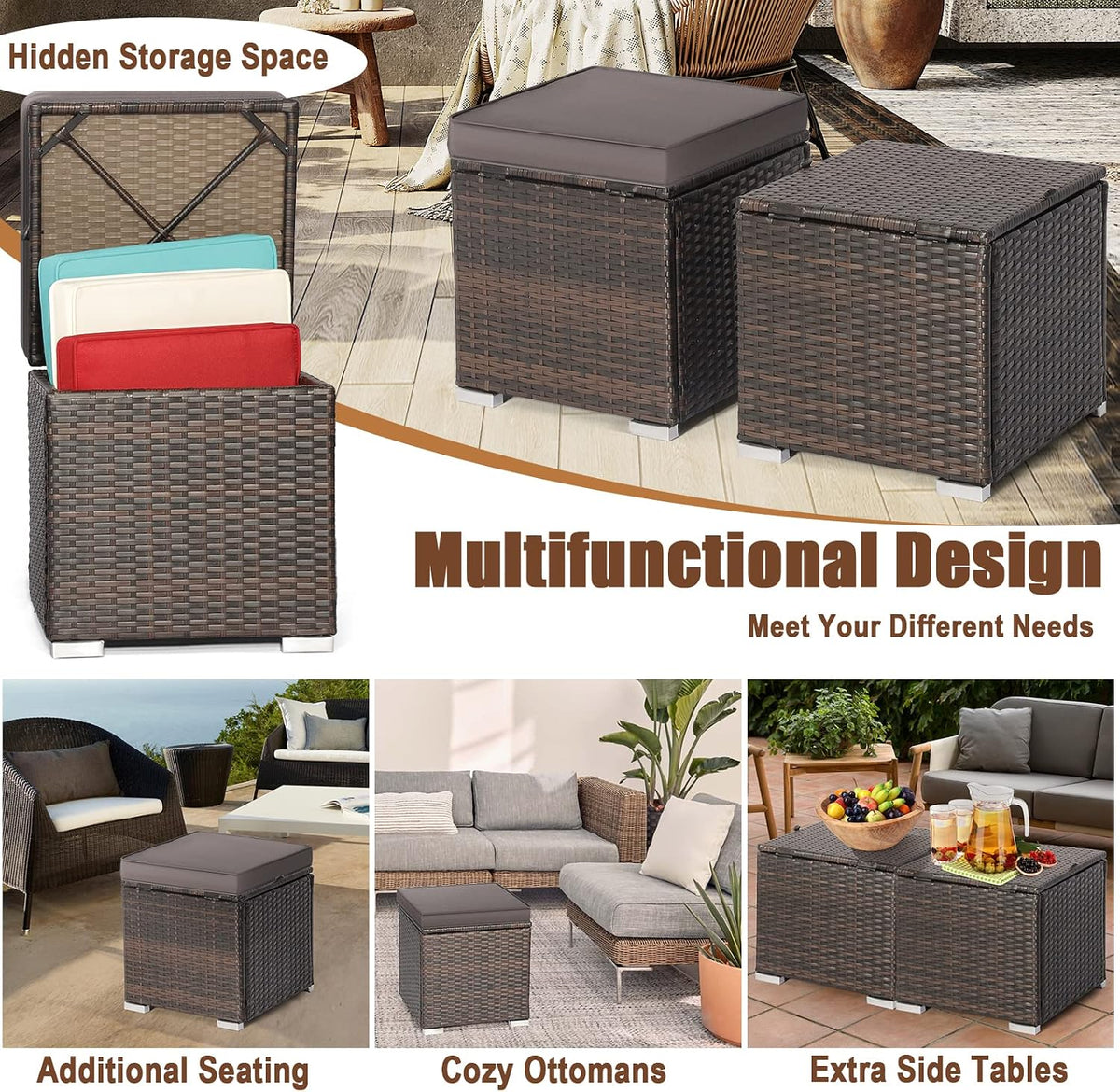 RELAX4LIFE Wicker Outdoor Storage Ottoman, 2-Piece Rattan Footstool w/Removable Cushion, Multipurpose Footrest Stool Side Table Additional Seating, Set of 2 Outdoor Ottomans for Patio Deck (Grey)