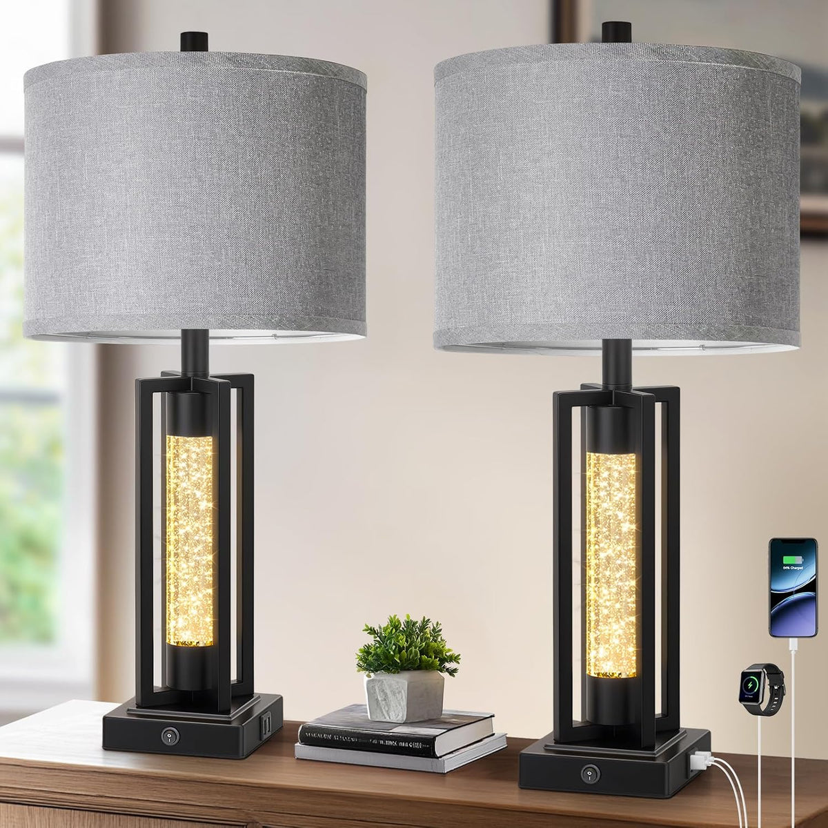 TOBUSA 26" Black Farmhouse Table Lamps Set of 2 with Crystal Night Light
