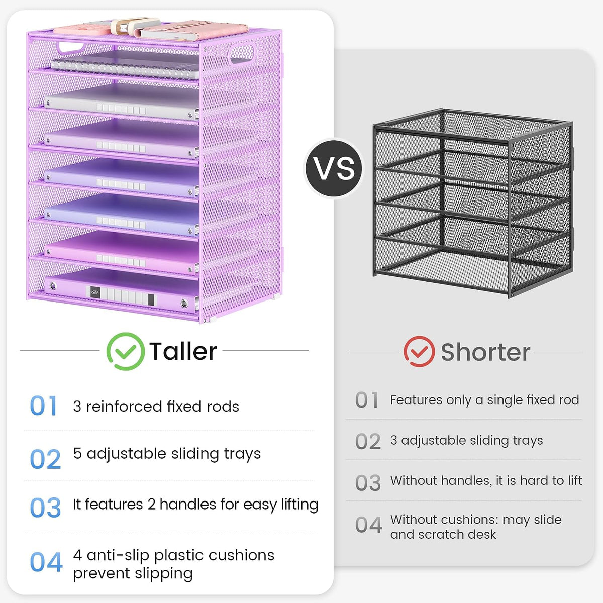 Lavatino 8-Tier Office Desk File Organizer, Letter Tray Paper Organizer with Handle, Including 5 Adjustable Slide Trays for Organizing Desktop Workspace Accessories and Supplies (Purple Metal Mesh)