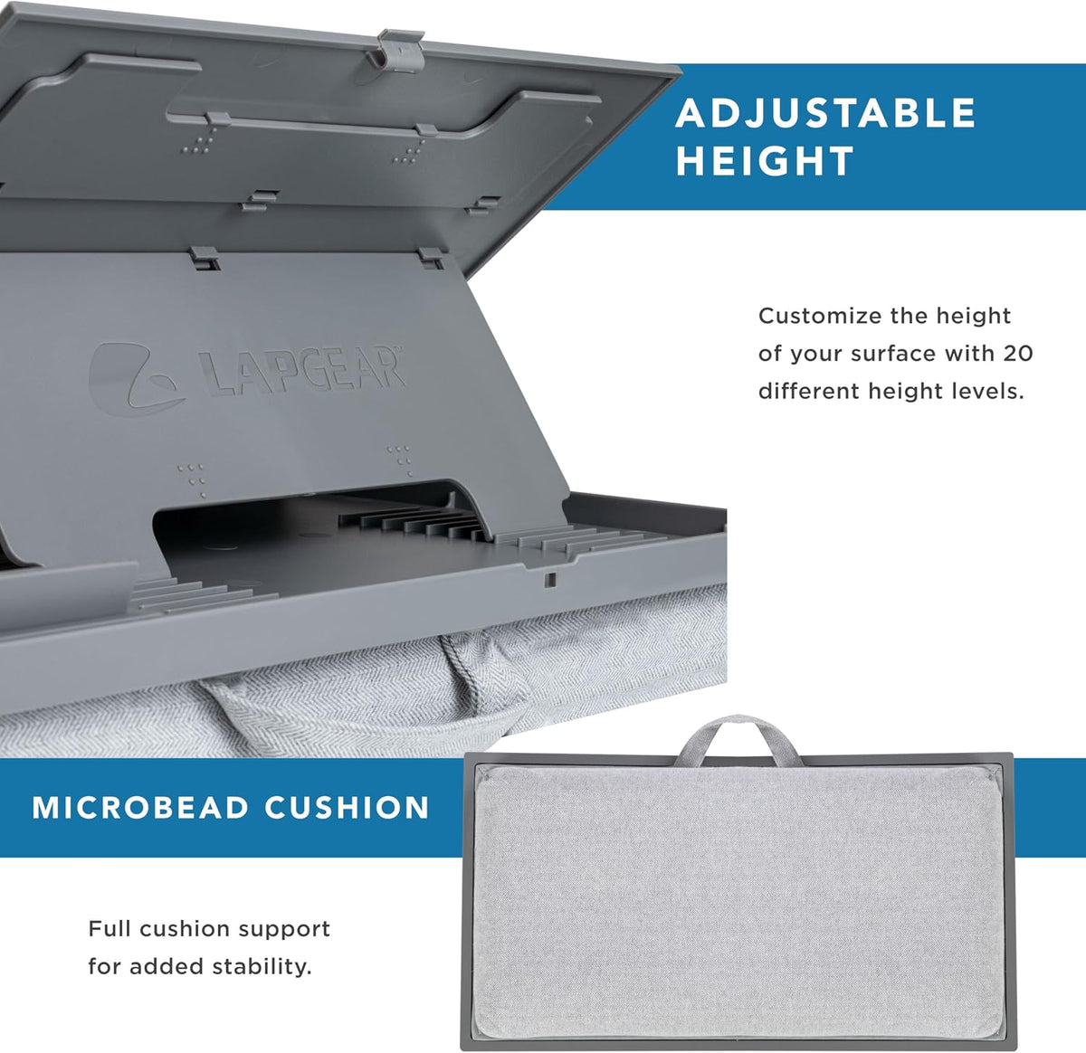 LAPGEAR Ergo Pro Lap Desk with 20 Adjustable Angles, Mouse Pad, and Phone Holder - Gray - Fits up to 15.6 Inch Laptops and Most Tablets - Style No. 49405