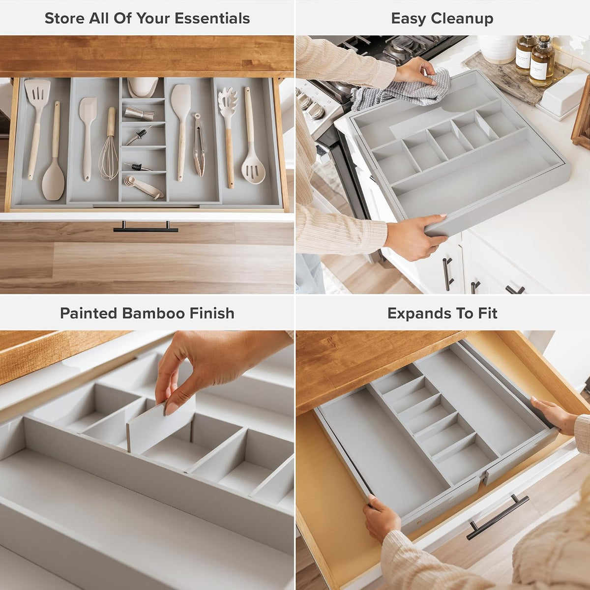 KitchenEdge Utensil & Junk Drawer Organizer, 19-33 in, Gray Bamboo