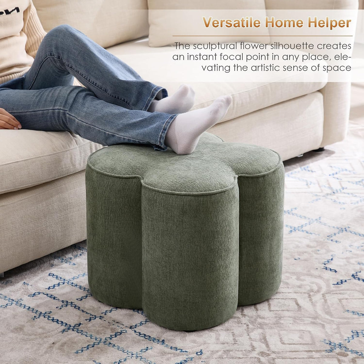 Zesthouse Flower Pouf Ottoman Foot Rest, Linen Fabric Poofy Ottoman Stool