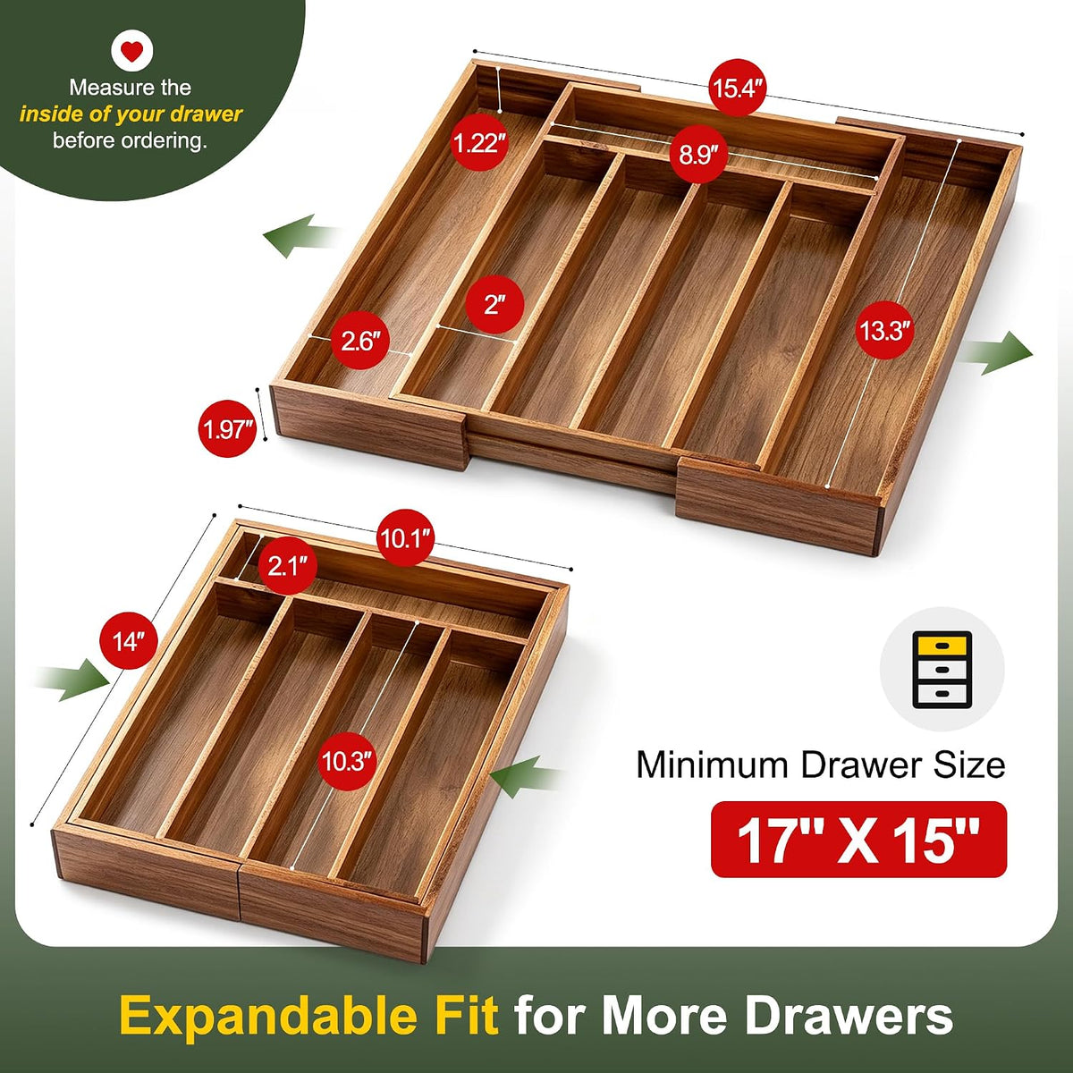 Bellsal Acacia Silverware Organizer Kitchen Drawer Organizer Expandable Bamboo Utensil Holder Cutlery Tray for Kitchen Utensil and Flatware Bedroom Office
