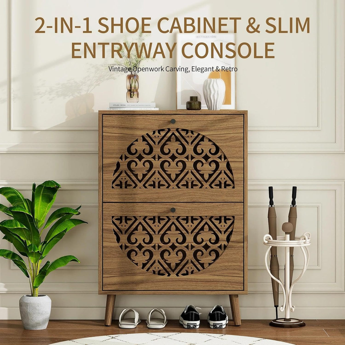 vistavie 6.7" Walnut Ultra-Slim Shoe Cabinet with 2 Flip Drawers,Heart-Shaped Hollow-Carved Entryway Shoe Storage Organizer, Mid-Century Modern Free-Standing Shoe Rack with Solid Wood Legs