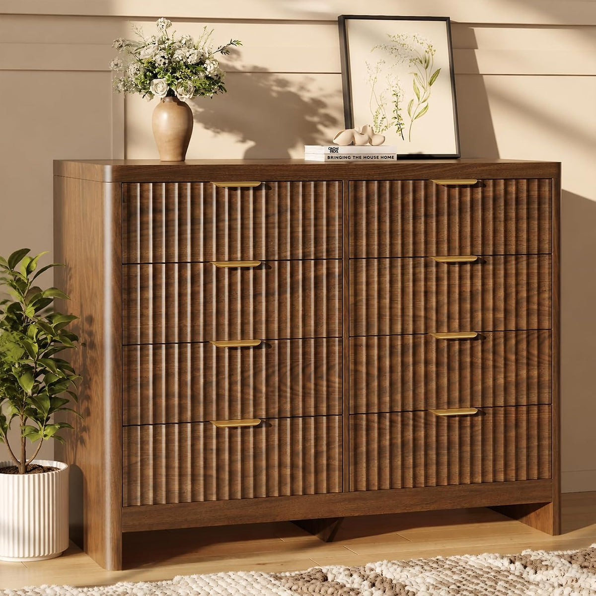 Fluted 8 Drawer Dresser for Bedroom, 47" Wide Modern Chest of Drawers with Metal Handle & Storage, Wooden Dresser TV Stand, Closet Clothes Storage Organizer for Living Room, Walnut Brown Dresser