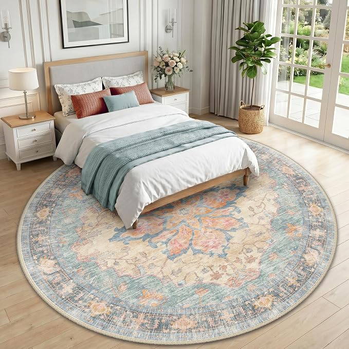 RELEANY Area Rugs Round 10ft Washable Non-Slip, Floral Vintage Distress