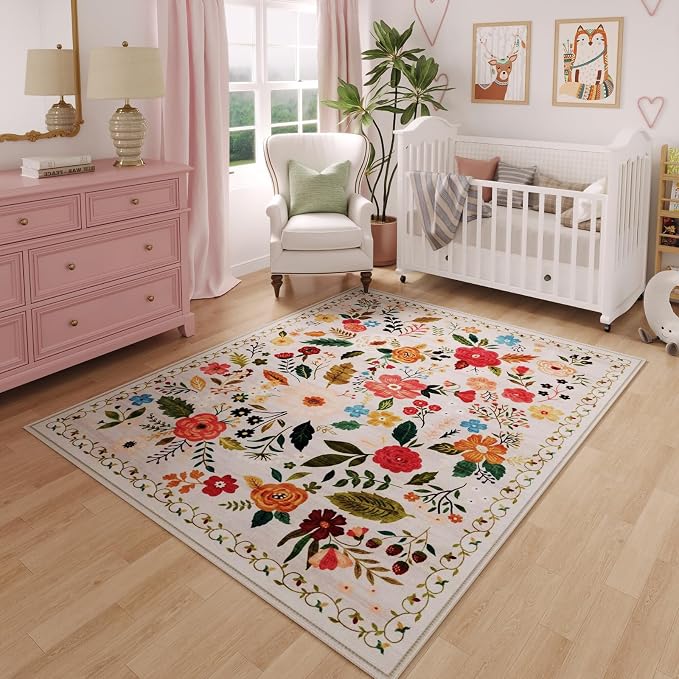Rugcomf Bedroom Rug 3x5 Rug Washable Area Rug Non Slip Low Pile Boho Floral
