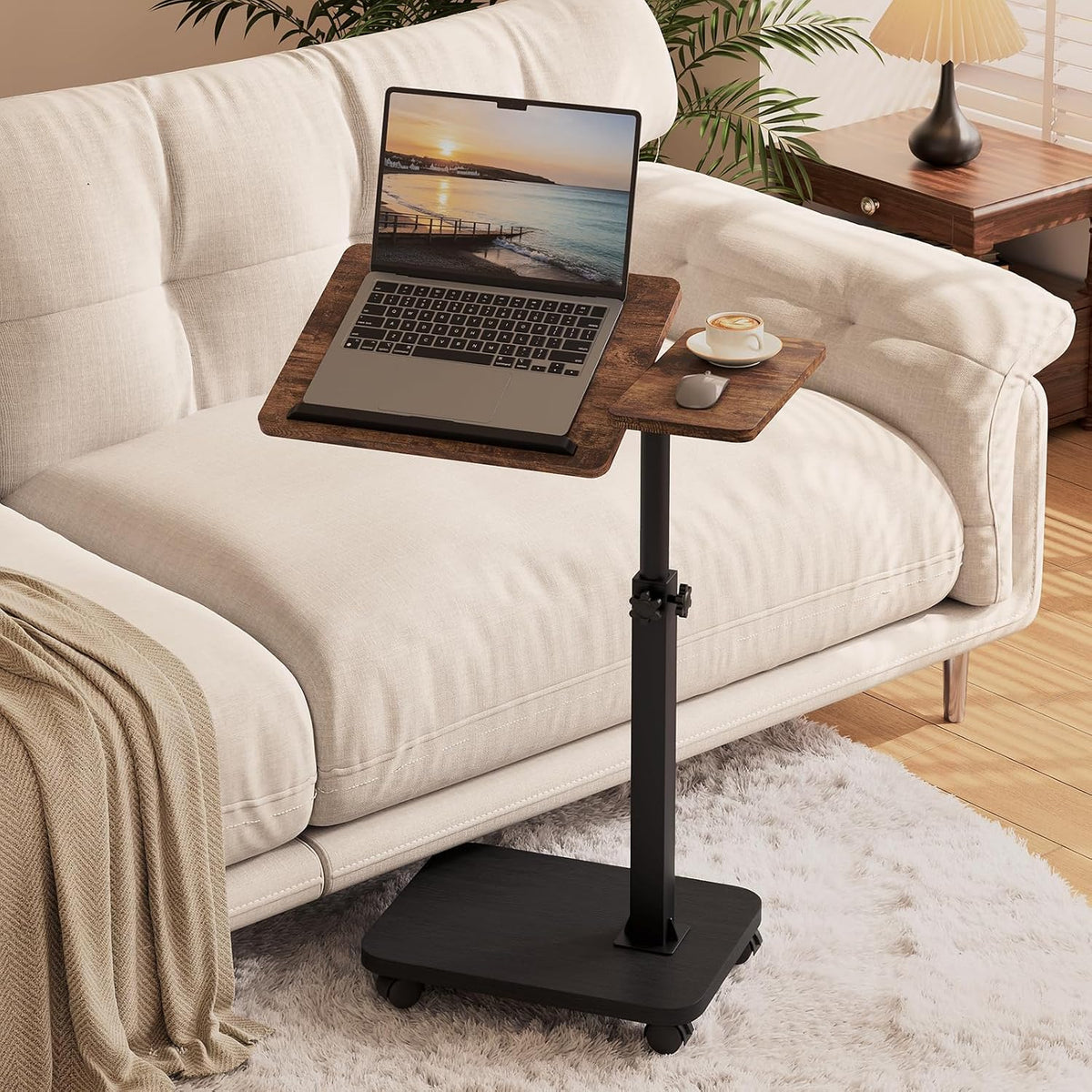 BROTTAR Rolling TV Tray Table with Wheels, Adjustable C Table, Rustic Brown