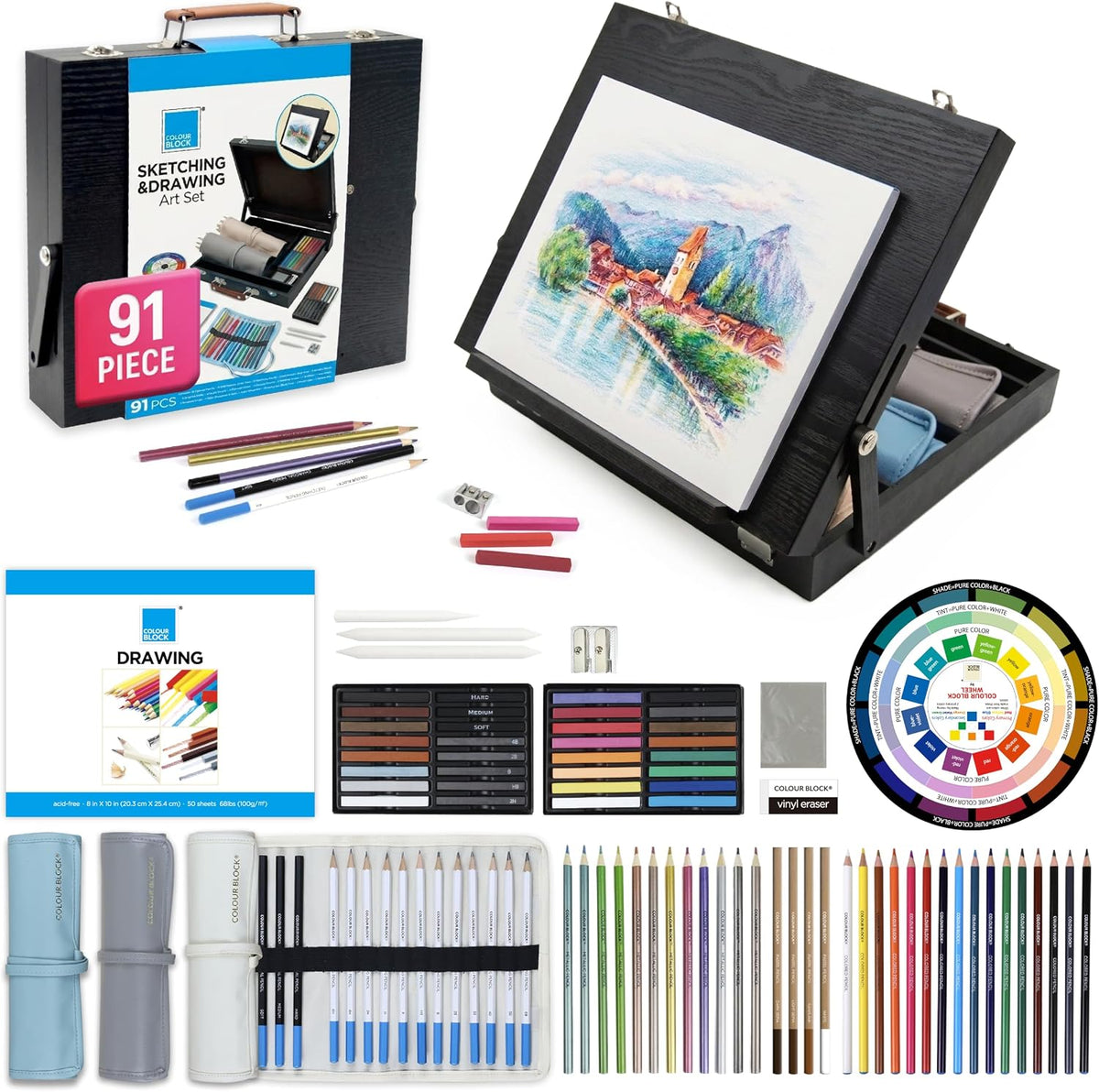 COLOUR BLOCK 91-PC Sketching & Drawing Set in Wooden Easel Case – All-in-One Mixed Media Art Supplies with Colored, Metallic, Charcoal & Pastel Pencils, Soft Pastels, Essential Tools and Drawing Pad