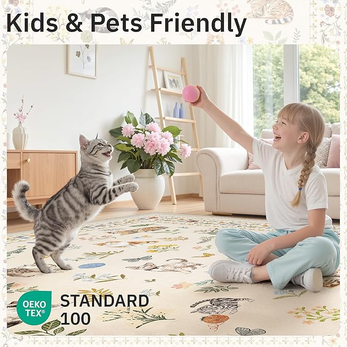 Soalmost Cat 5x7 Area Rugs for Living Room, Machine Washable Animal Floral