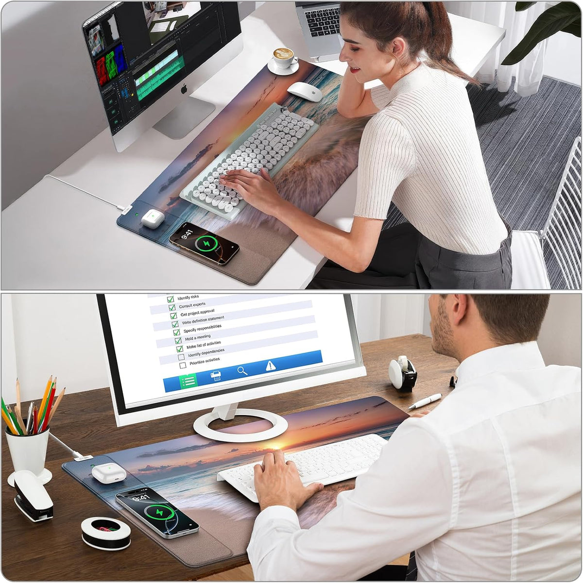 Beach Sunset Mouse Pad with Dual Wireless Charging, 31.5" x 15.8"