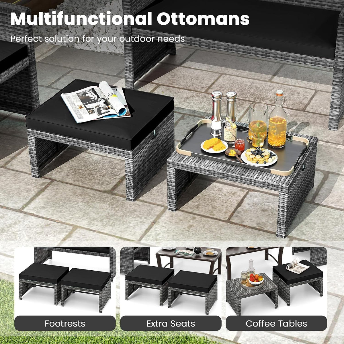RELAX4LIFE Wicker Outdoor Ottoman Set of 2 - Rattan Footstools Foot Rest w/Removable Cushions, Multipurpose Side Table & Additional Seating, Outdoor Ottomans for Patio Garden Porch (Grey-Black)