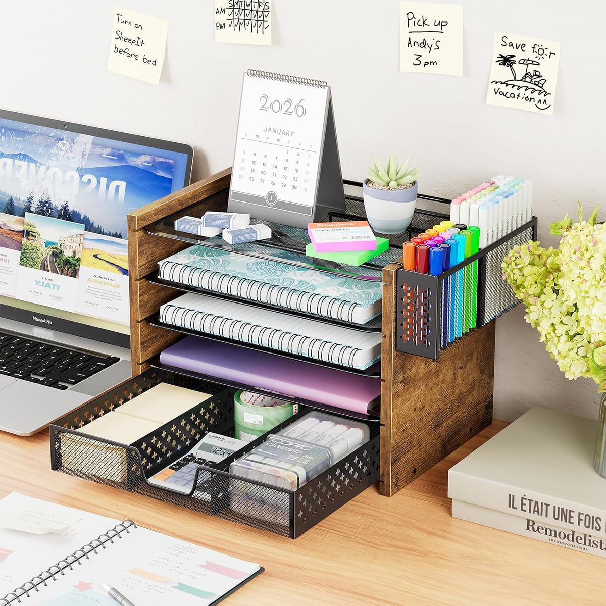 Simple Trending Wood Desk Organizer, 5-Tier File Organizer, Rustic Brown