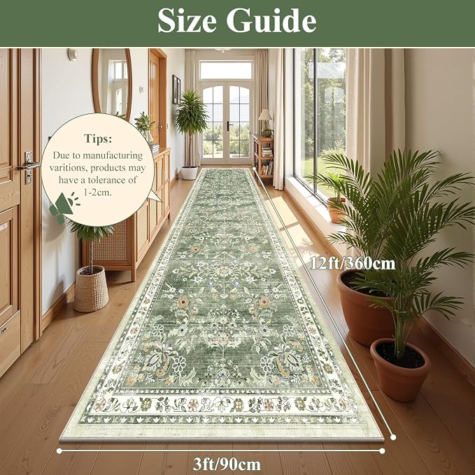Yamaziot Washable Runner Rug 3x12 – Floral Non Slip Boho Hallway Runner Rug