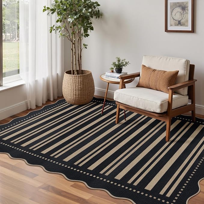 Striped Easy Jute 4x6 Outdoor Patio Rug, Washable Indoor Outdoor Black Kitchen