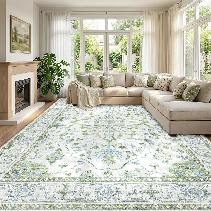 RELEANY Area Rugs Large 9'x12' Washable Non-Slip, Floral Vintage Distress