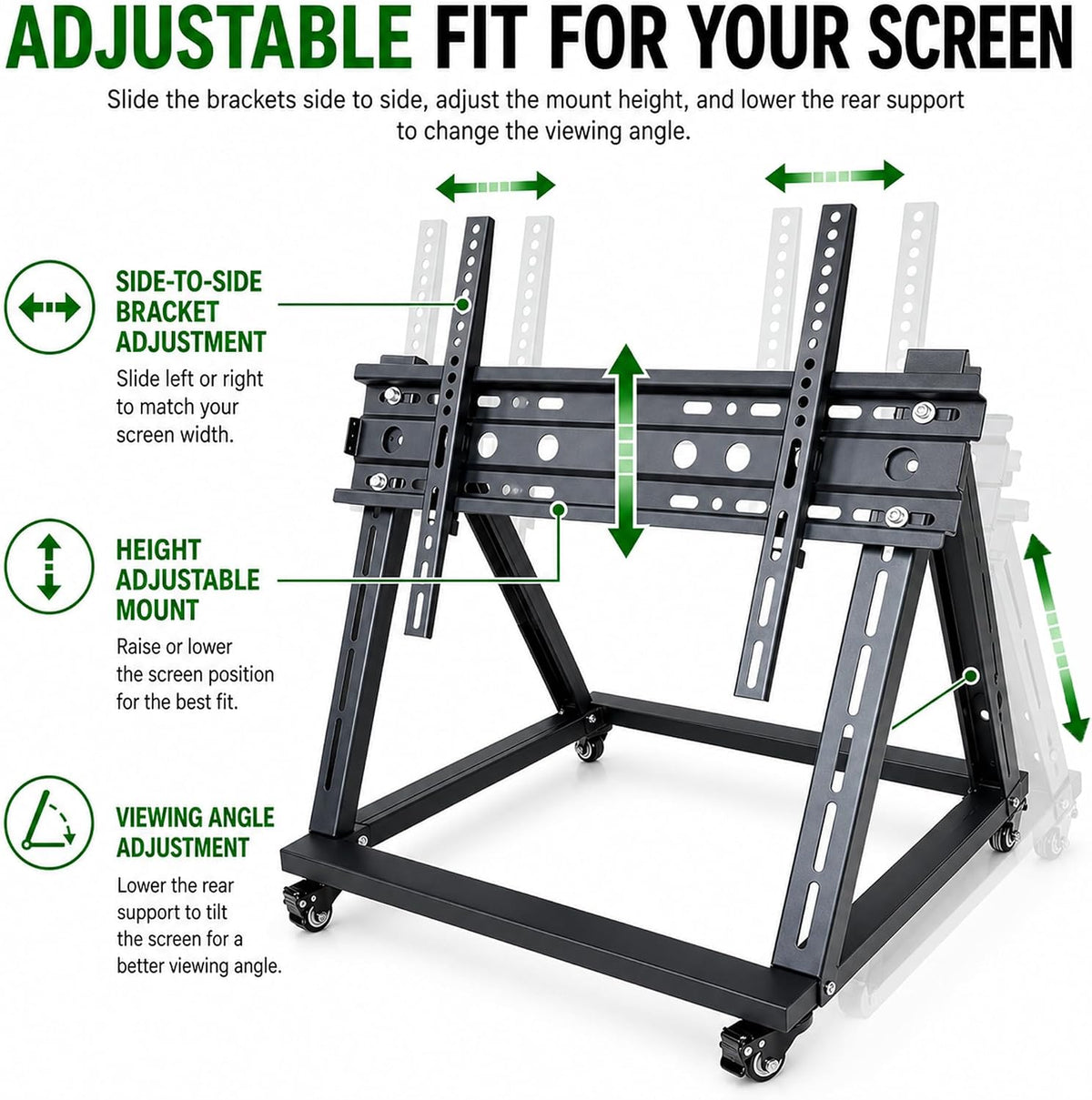 Low Height Mobile TV Stand with Wheels, Confidence Monitor Stand for 26-65 Inch TVs, Heavy Duty Rolling Floor TV Cart, VESA 200x200 to 600x600, 30° Tilt, Cable Ties Included