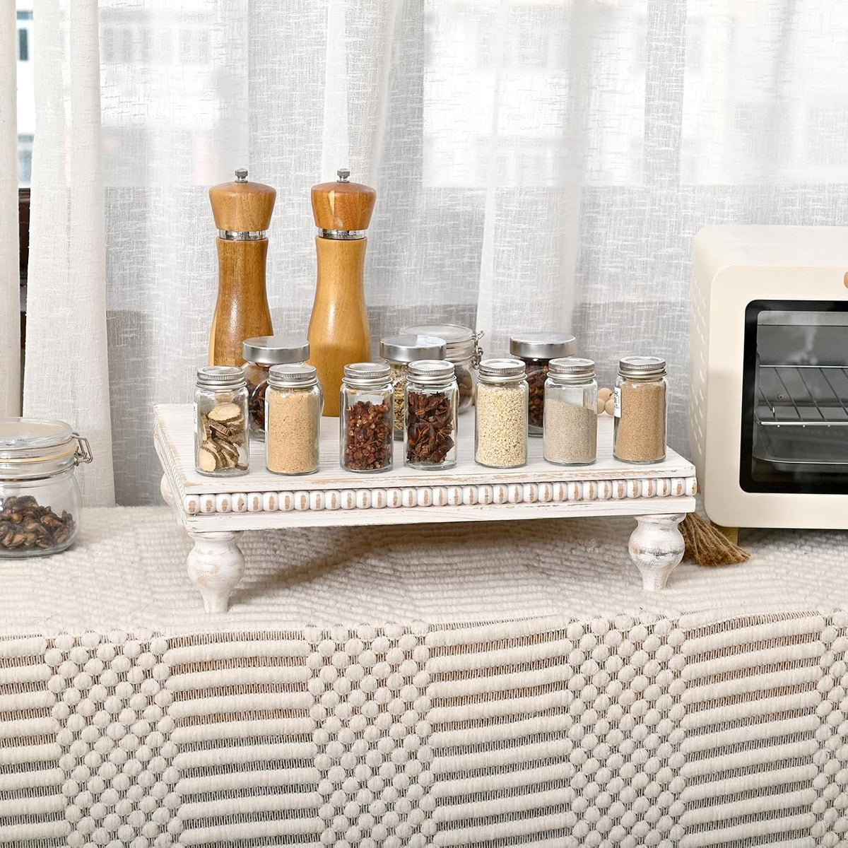 SwallowLiving Farmhouse Wood Riser for Display Decorative, Rustic Shabby Chic Tray for Kitchen Counter, Coffee Bar Table, Dining Room, Wooden Rectangle Beaded Pedestal Stand for Food, White