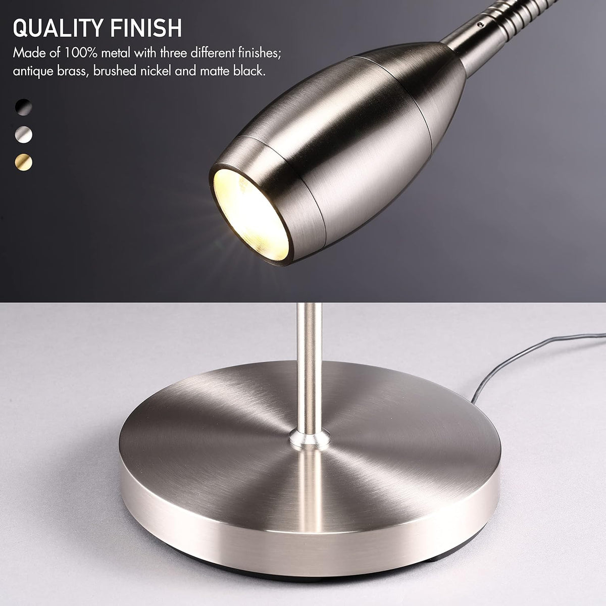 O’Bright Ray – Adjustable LED Beam Floor Lamp, Dimmable and Zoomable Spotlight, Flexible Gooseneck, Reading/Crafting Standing Lamp, Work Table Light, Brushed Nickel