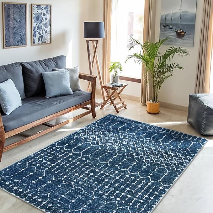 Lahome Moroccan Blue 3x5 Non-Slip Washable Soft Rug