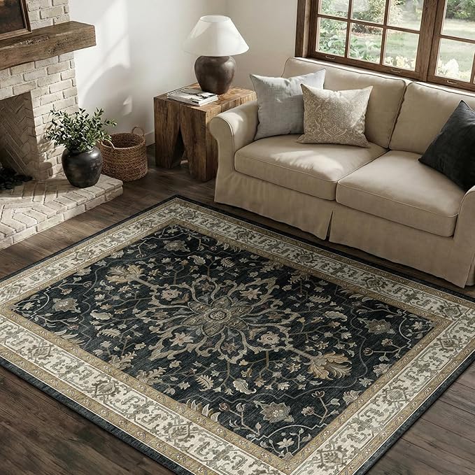 RELEANY Area Rugs 4'x5' Washable Non-Slip, Floral Vintage Distress Medallion