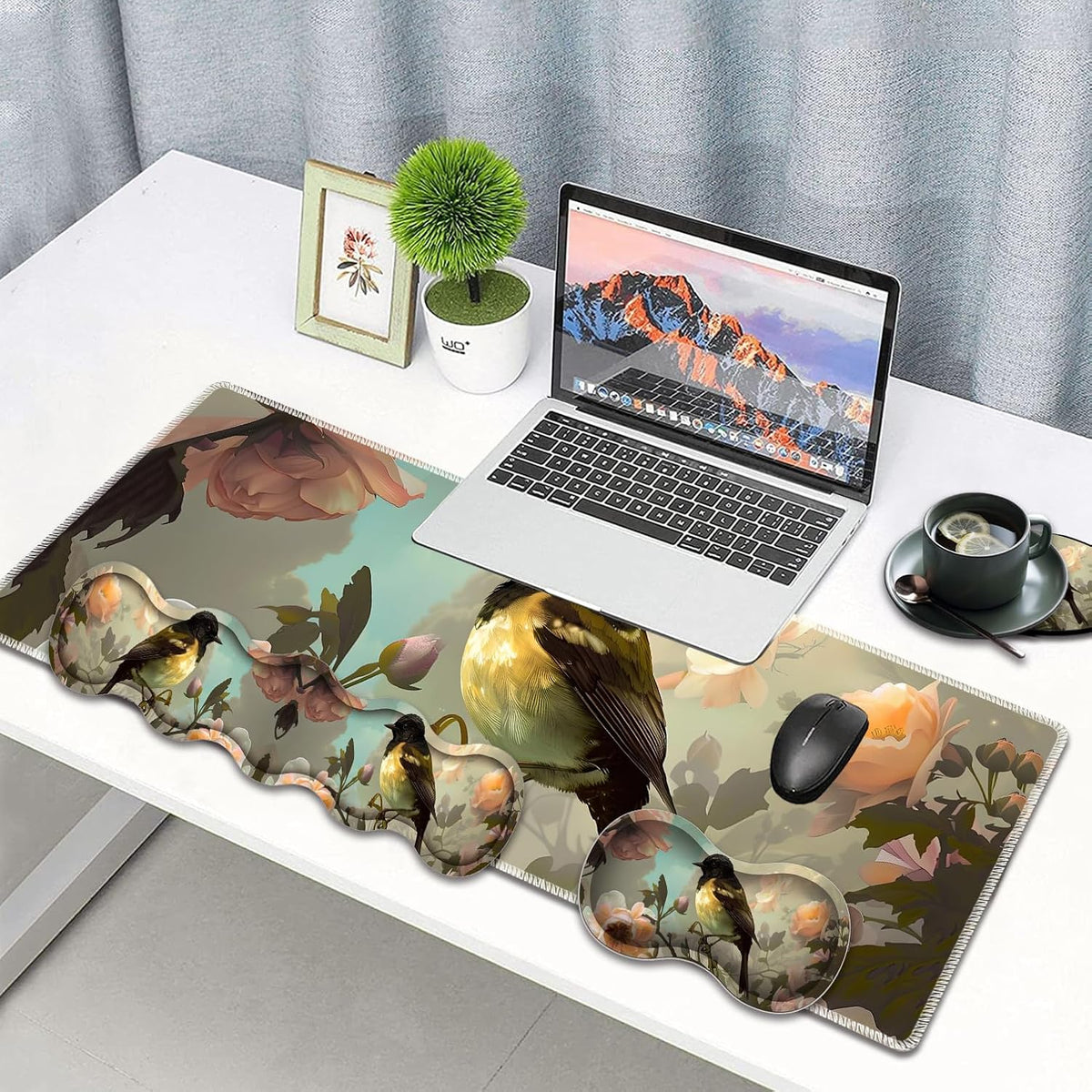 Large Gaming Mouse Pad, Keyboard Wrist Rest Pad + Mouse Wrist Pad + Coaster 4 in 1 Set, Extended Waterproof Non-Slip Desk Mat, Suitable for Office Home Learning Games, Cute Bird
