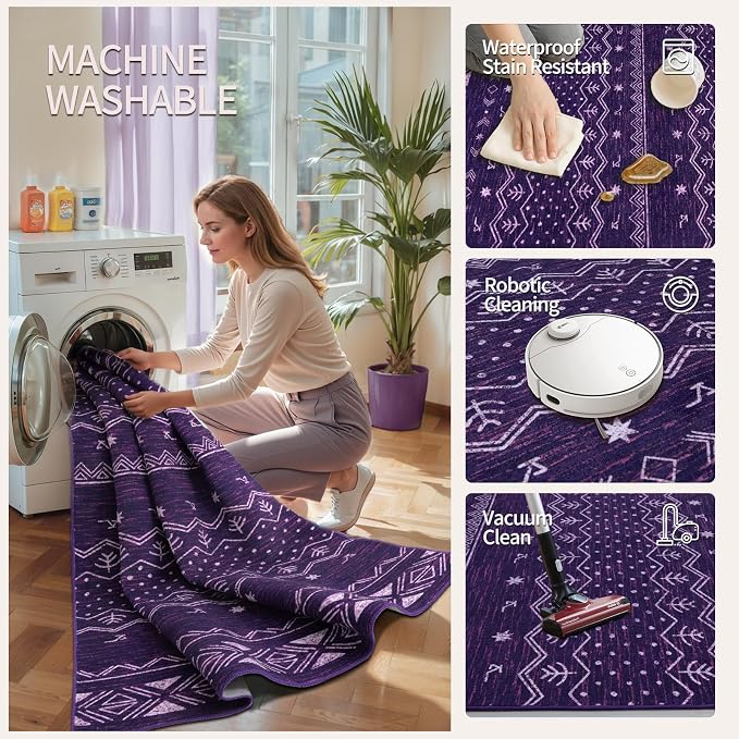 SERISSA 8x10 Area Rugs for Living Room, Washable Non-Slip Purple and White Boho