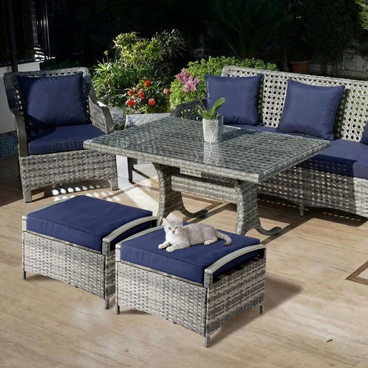 VINGLI 2 Pieces Rattan Ottoman with Storage, Wicker Patio Furniture w/Removable Cushion, Multipurpose Footrest Stool for Outdoor (Classic Gray)