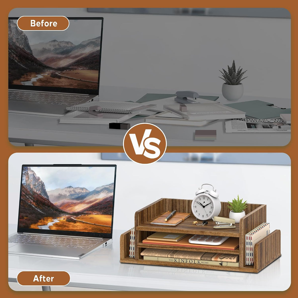 Wooden Desk Organizer, 3-Tier Paper Trays with 2 Mail Sorters, Dark Brown
