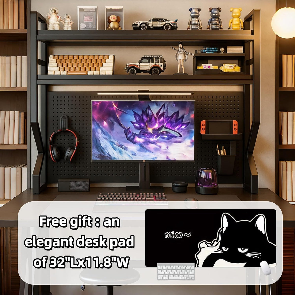 Desktop Hutch Bookshelf,Many Gifts,Metal Desktop Bookcase with pegboard, Desk Shelf, Countertop Storage Organizer Rack for Dorm or Office,Desktop Shelves (Black, 29.5" Lx9.9 Wx39 H)