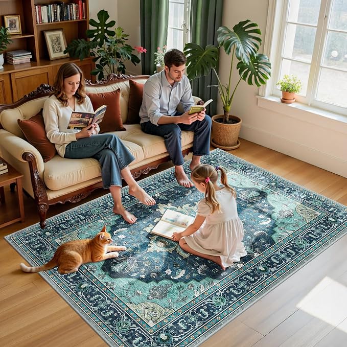 RELEANY Area Rugs 5'x7' Washable Non-Slip, Floral Vintage Distress Medallion