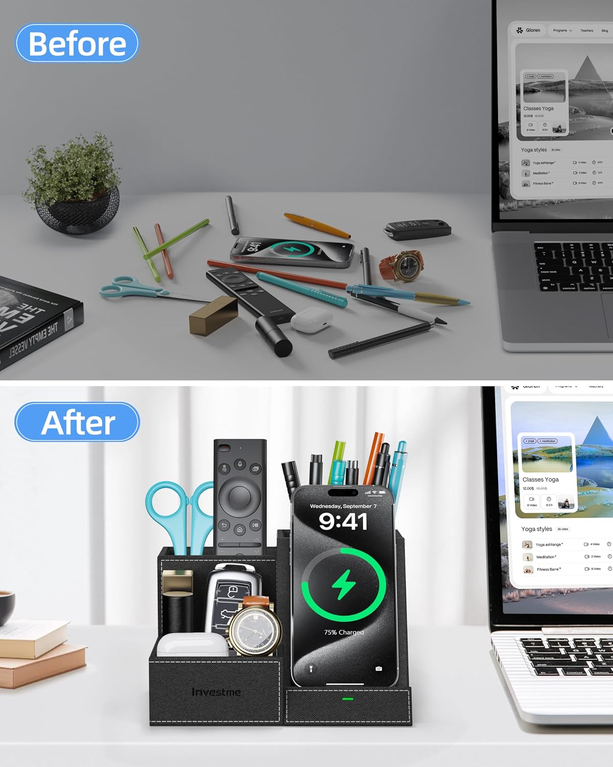 Wireless Charger with Desk Organizer, 3 Compartments and 1 Phone Stand