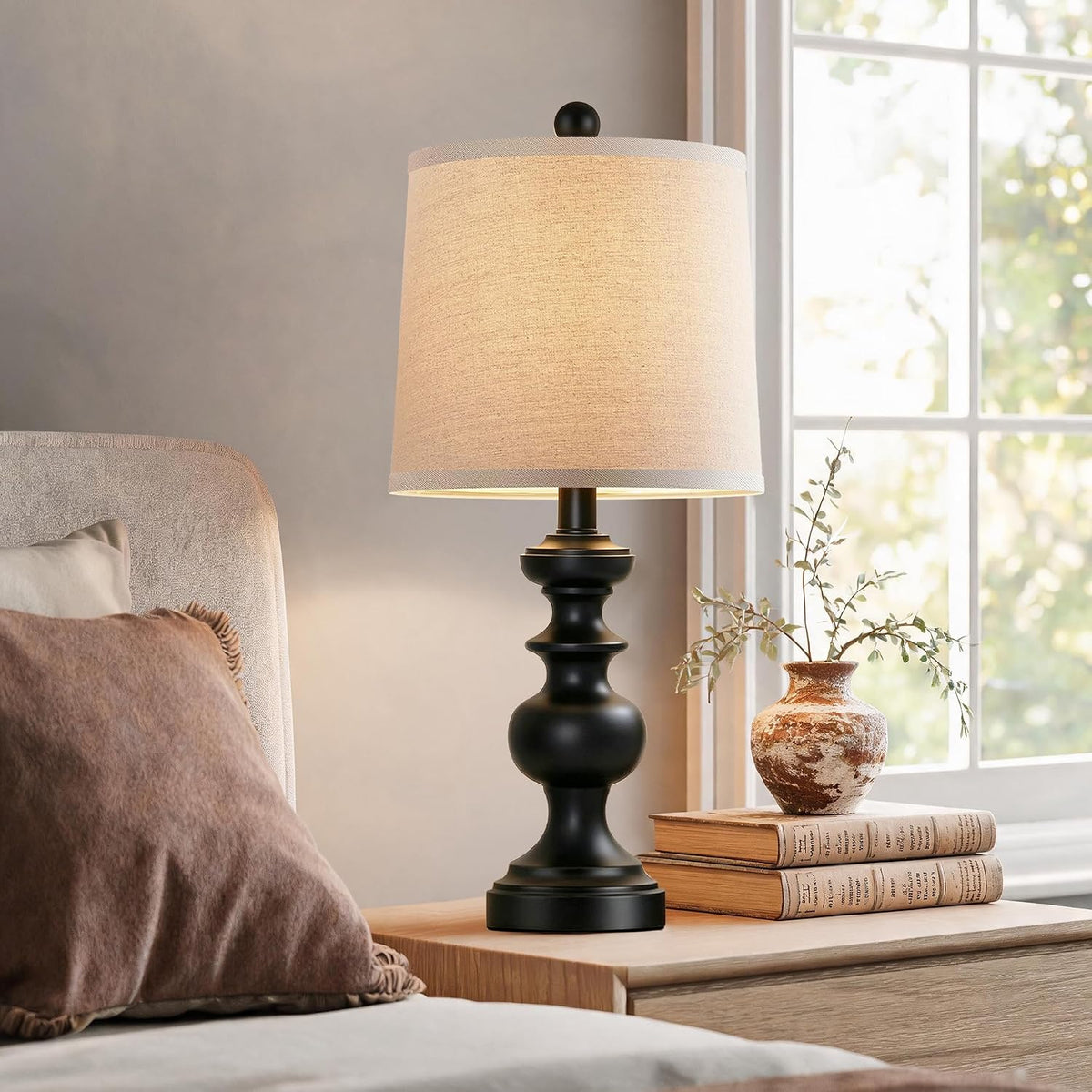 PARTPHONER Farmhouse Table Lamp Set of 2, Rustic Table Lamps for Living Room Bedroom, 22" Mid Century Modern Desk Lamp Bedside Nightstand Lamps with Linen Tapered Drum Shades, Matte Black