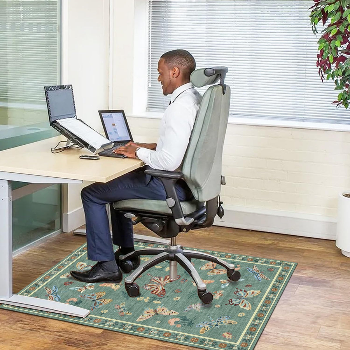 Chair Mat for Hardwood Floor,48"*36" Easy Glide Computer Chair Mat for Hard Wood and Tile Floor,Anti-Slip Floor Protector for Home Office Green Flower Bird