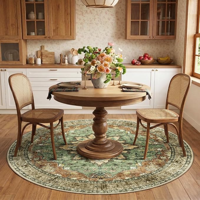 RELEANY Area Rugs Round 6ft Washable Non-Slip, Floral Vintage Distress