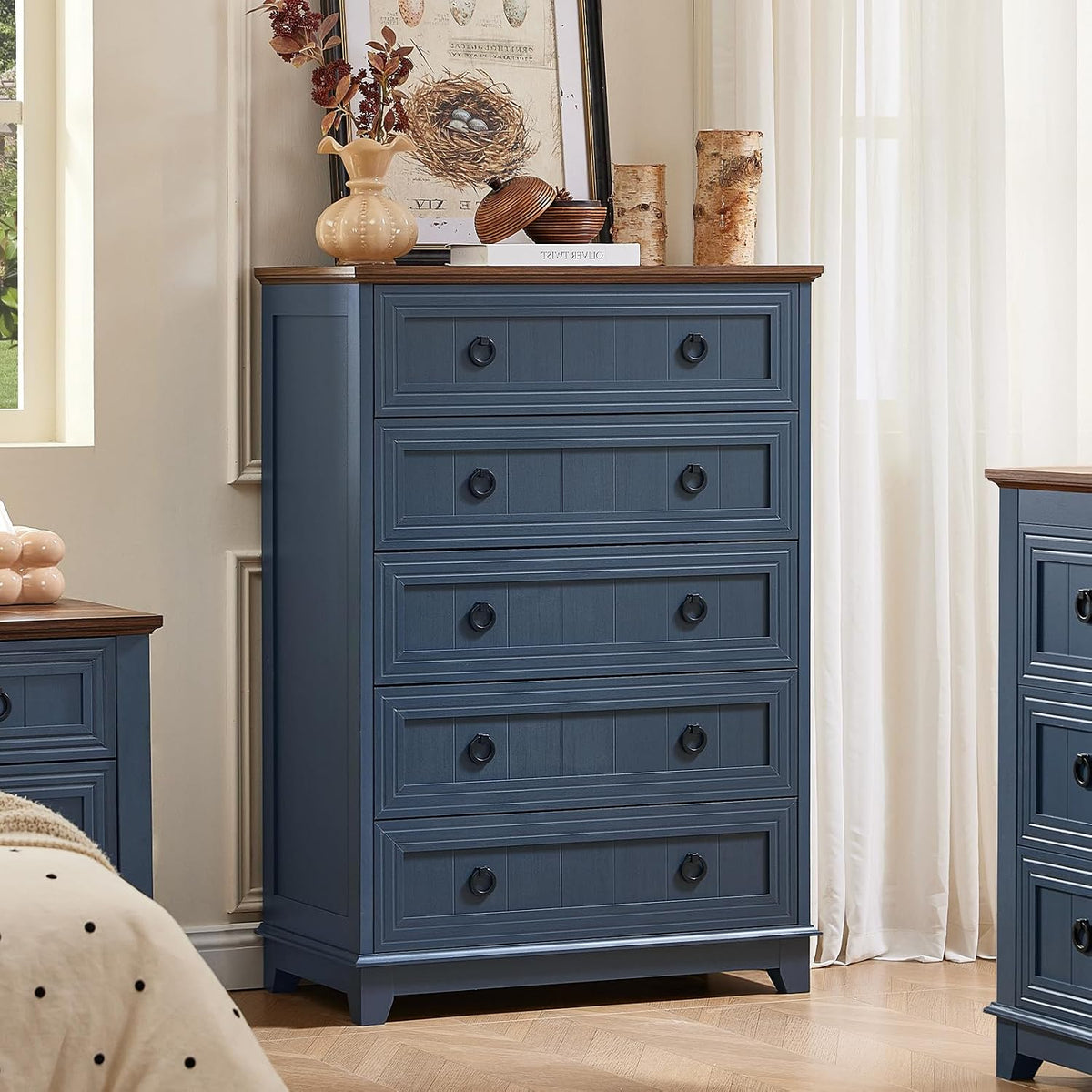 Joaxswe Farmhouse 5 Drawer Dresser for Bedroom, 42" Tall Small Dressers & Chest of Drawers, Rustic Wood Dresser with Metal Handle, Storage Organizer Closet for Living Room, Hallway, Entryway