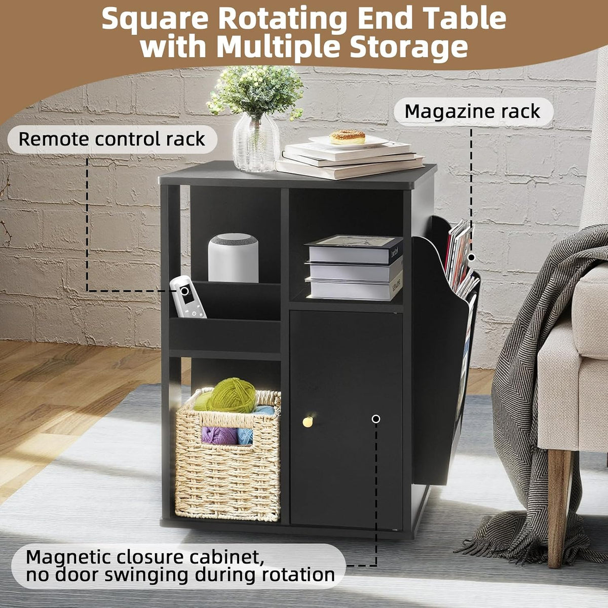 Square Rotating End Table with Storage, 16"D x 16"W x 23.3"H, Black