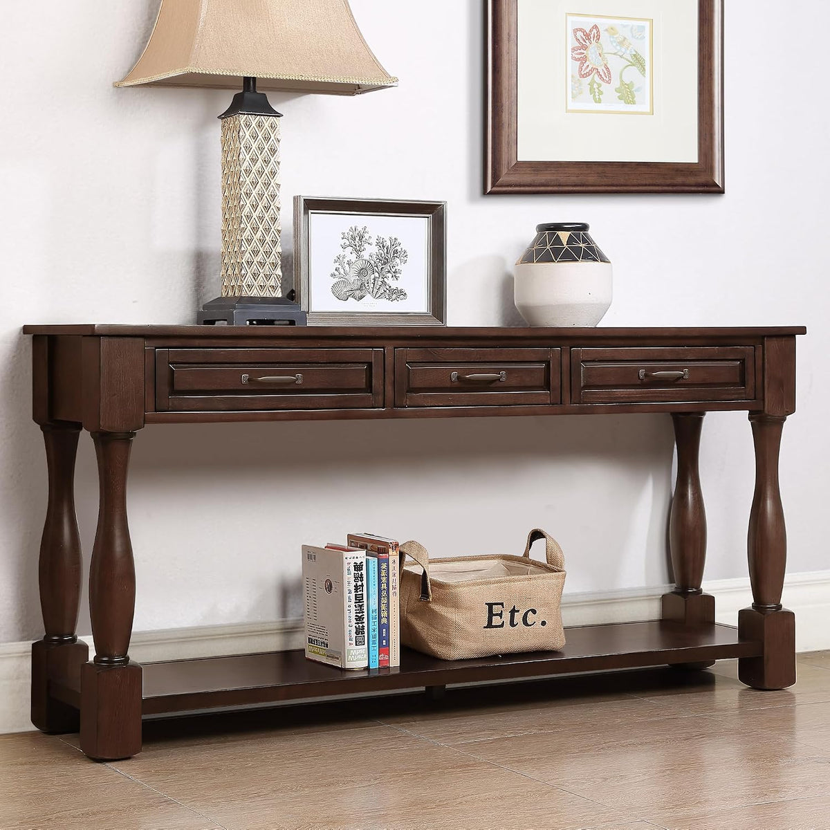 60inch Solid Wood Console Table with 3 Drawers and 1 Bottom Shelf Extra-Thick Sofa Table(Light Espresso)