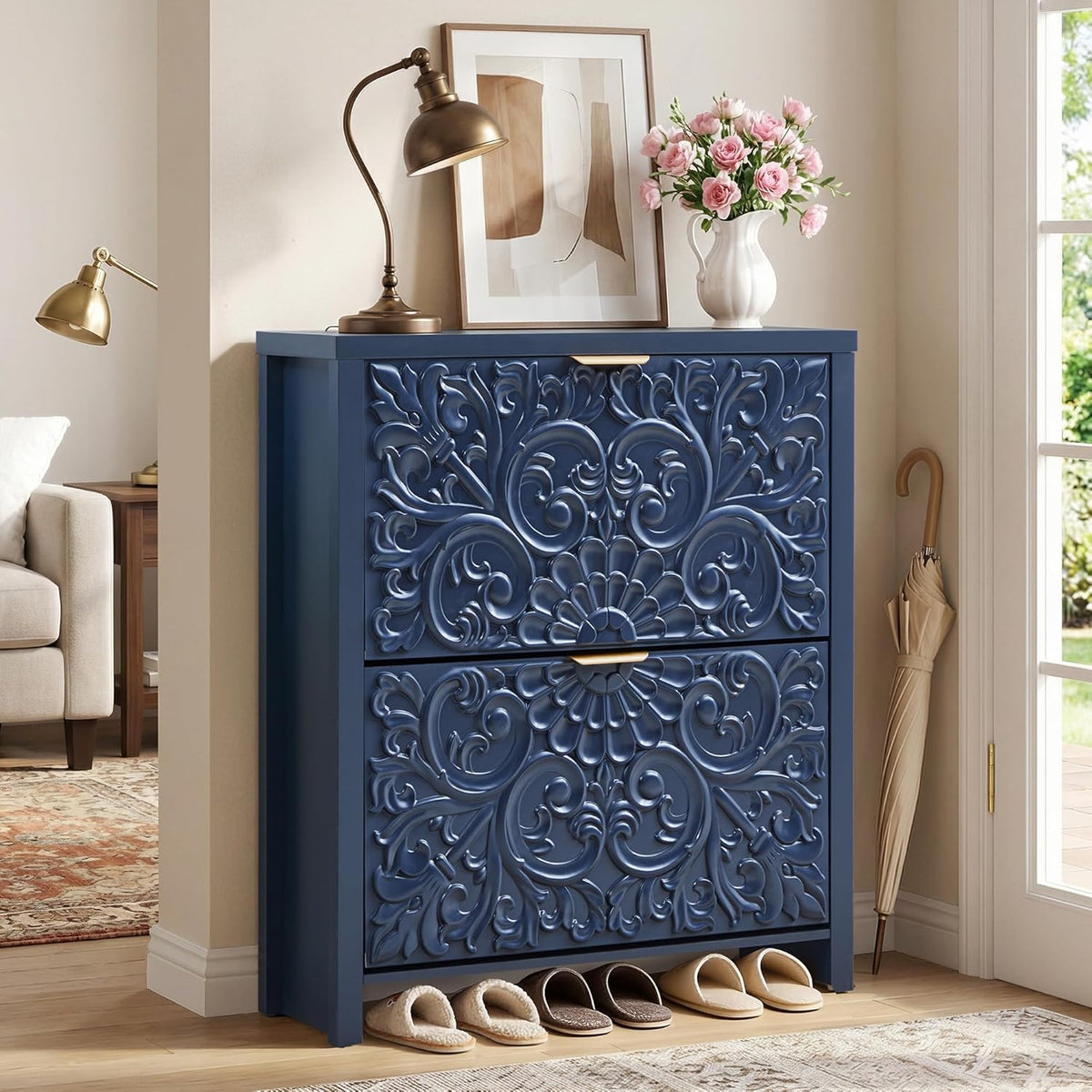 Shoe Cabinet with Flip Drawers, Narrow Shoe Storage Cabinet, 2-Tier Hidden Shoe Organizer with Floral Embossed for Entryway, Mid-Century Modern Slim Shoes Storage for Hallway Foyer (1, Midnight Blue)