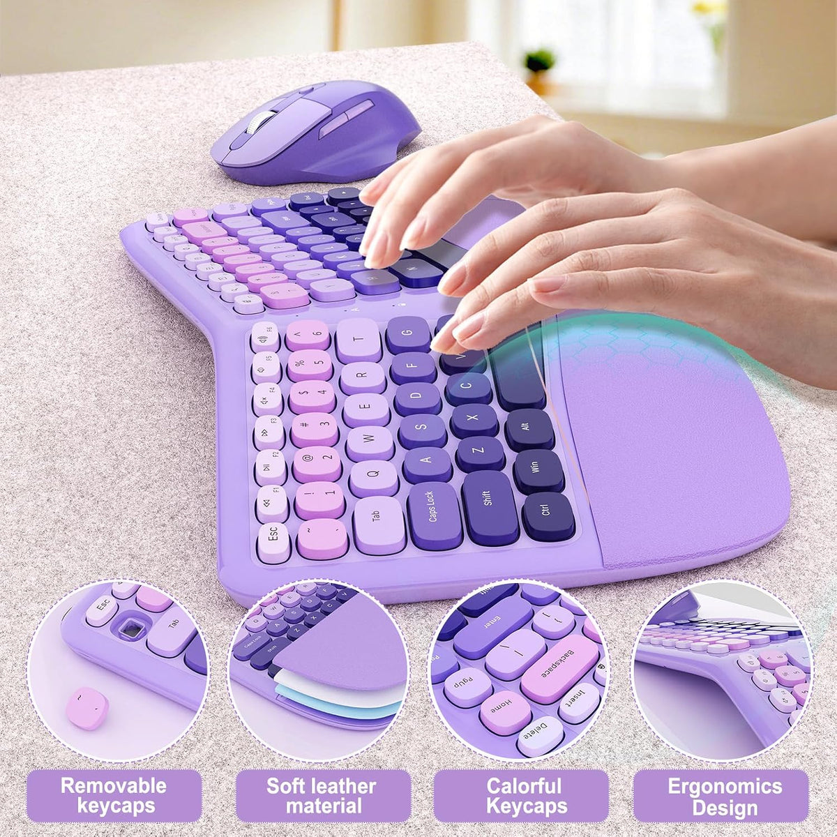 Ergonomic Wireless Keyboard Mouse, Mechanical Gaming Set with Wrist Rest