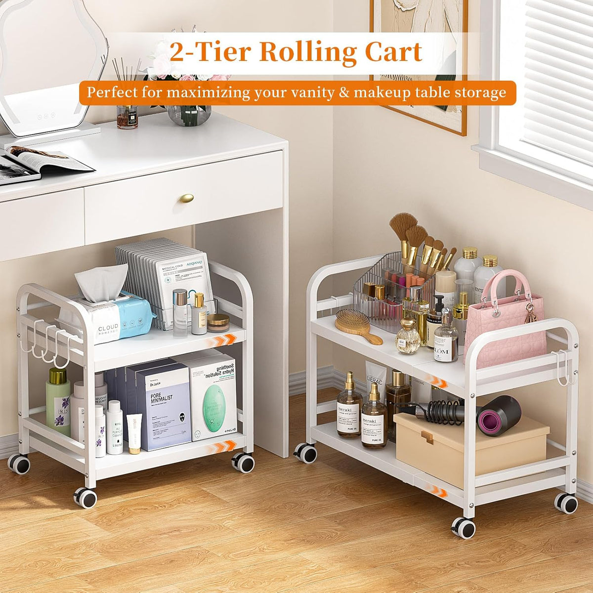 2-Tier Expandable Rolling Cart, Pantry Storage Cart with Wheels, Adjustable Rolling Pantry Floor Organizer