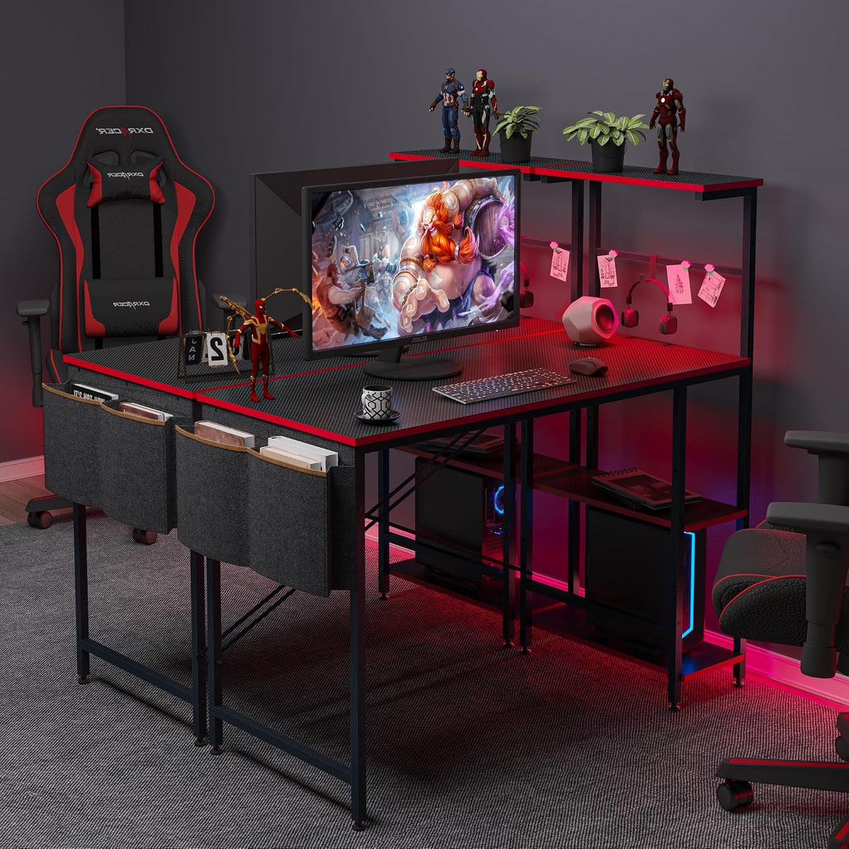 Bestier 44" Gaming Desk with LED & Storage,Gamer Desk, Carbon Fiber Black