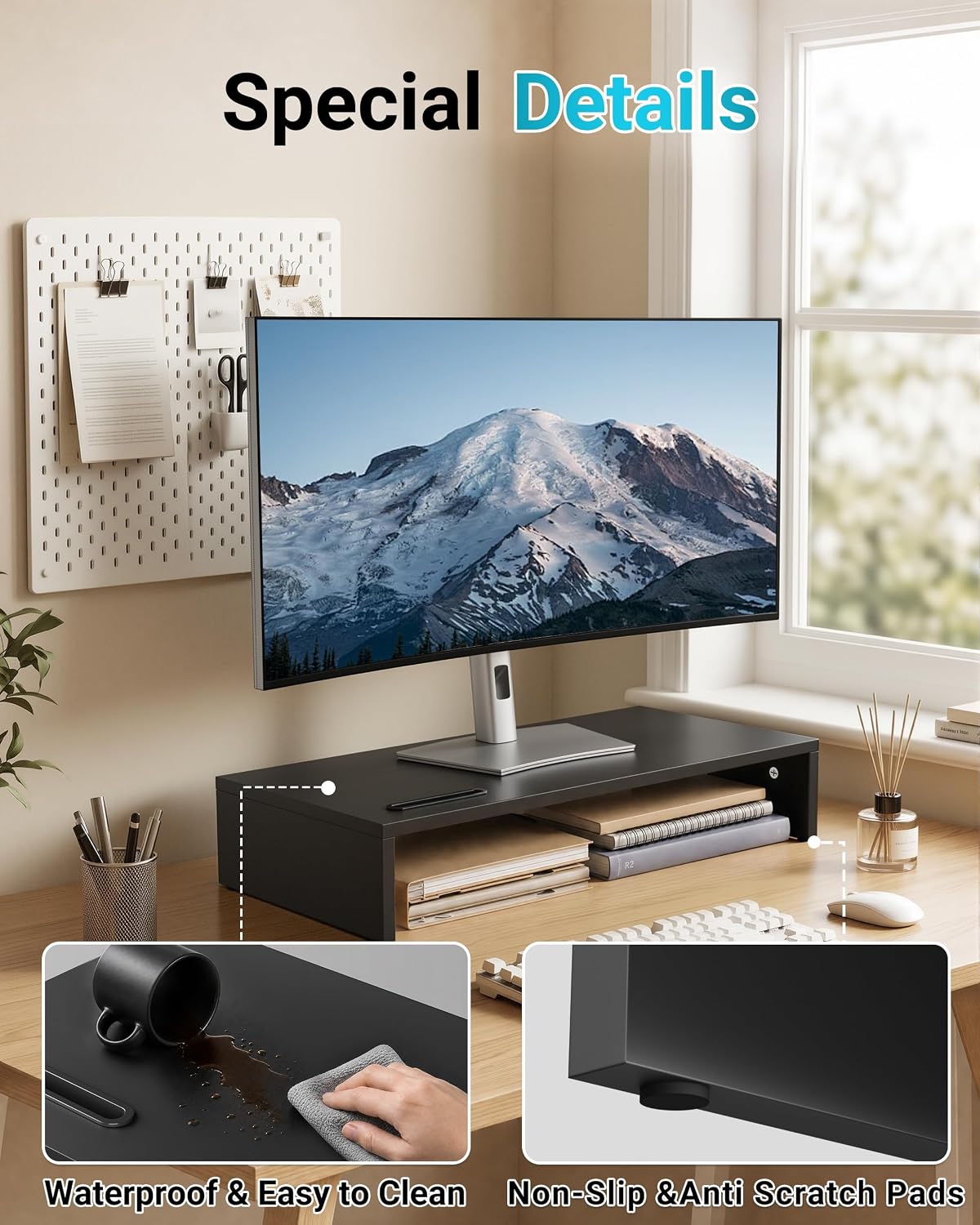 1home Ergonomic Monitor Stand Riser, 21.3 Inch Wood Desktop Stand with Cellphone Holder and Cable Management, Black