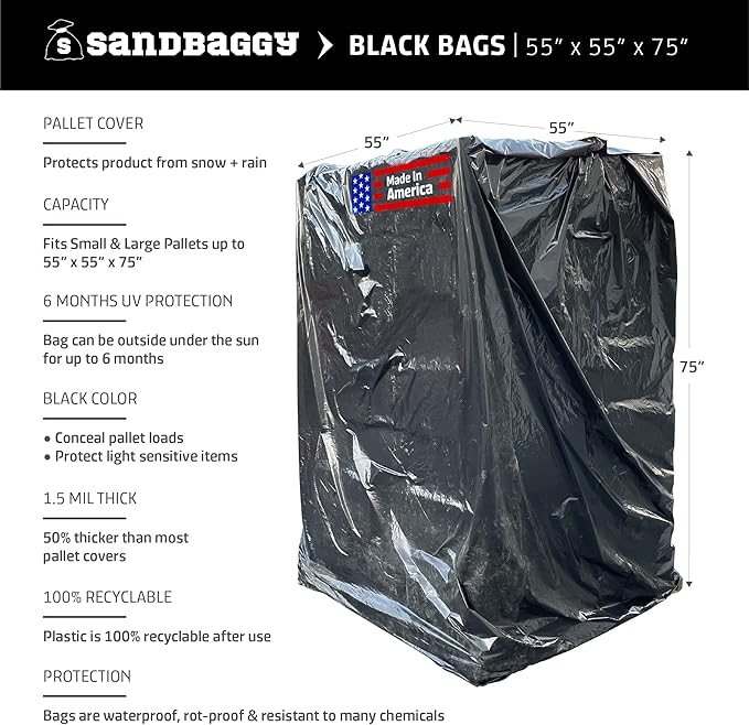 Sandbaggy Black Pallet Covers | Made in USA | Tarp Fits Large Pallets Up to 55" x 55" x 75" | Built w/ 6 Months UV Protection | Heavy Duty 1.5 Mil Thick Plastic (Pack of 100, 1.5 Mil Thick)