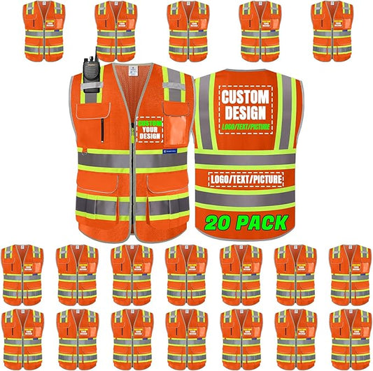 BeautyWill Custom Logo 10 Pockets Safety Vest Class2 ANSI Certified High Visibility Reflective Vest