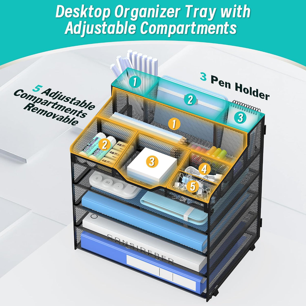 5 Tier Mesh Paper Desk Organizer with Pen Holders, Black