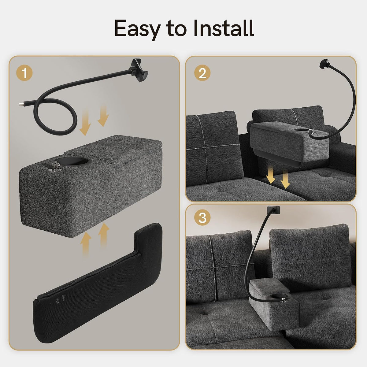 Couch Caddy with Cup Holder, Dark Gray Chenille Armrest Console