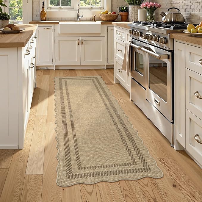 LIVEBOX Scalloped Washable 2x6 Kitchen Runner Rug, Easy Jute Geometric Tan Rugs