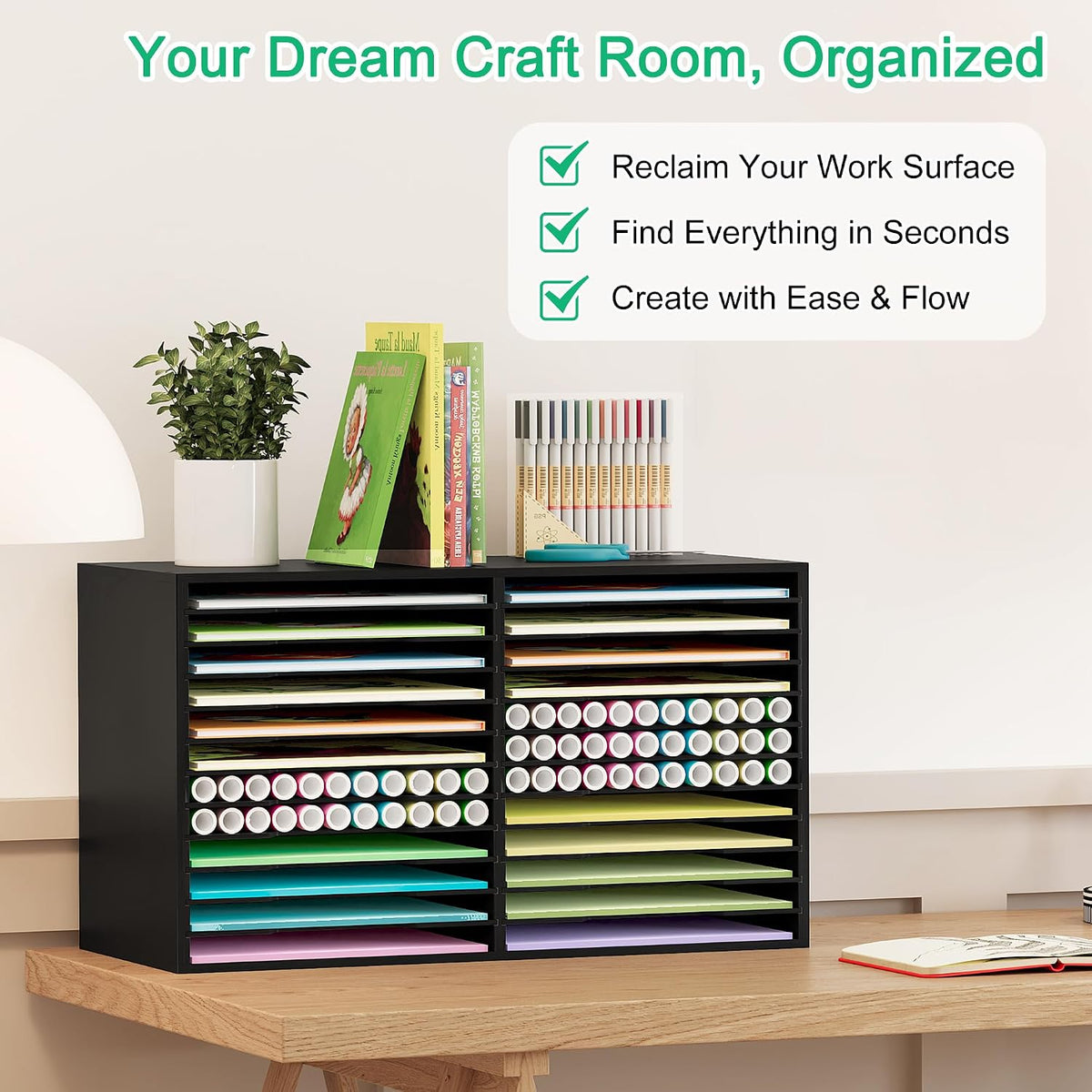 EasyPAG Scrapbook Paper Storage Organizer for Craft Room, 12x12 Paper Storage Desk Shelf, 24 Slot Adjustable File Sorter for Office School Classroom, Black